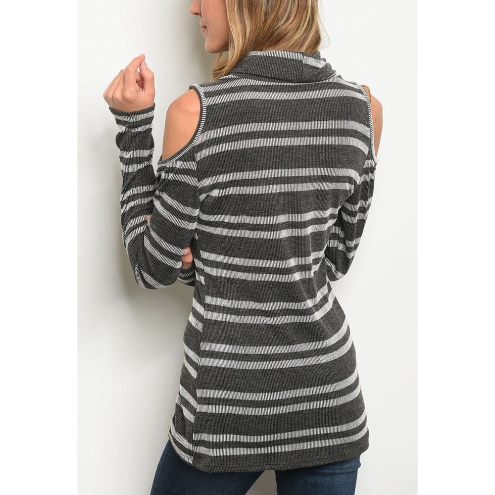 Just Arrived!  Charcoal Cold Shoulder Stripe Top - Picture 2 of 2